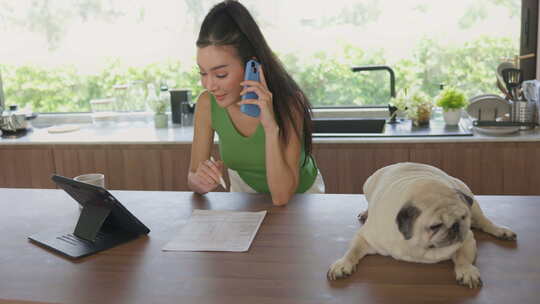 年轻女子在家带着她的哈巴狗打商务电话