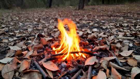 户外枯叶堆中的燃烧火焰