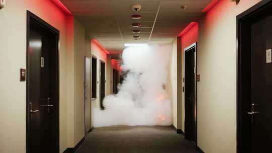 烟雾弥漫的办公走廊场景