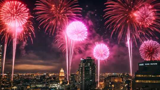 烟花爆竹烟火节日城市夜景视频素材模板下载