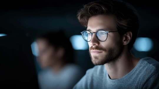 专注工作的年轻人在夜晚的灯光下思考
