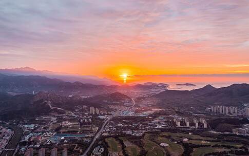 崂山区城市山海日出航拍延时