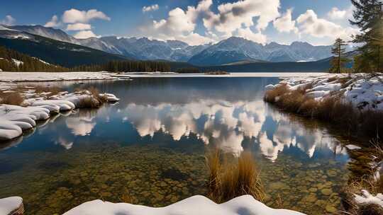 雪山下的宁静湖泊