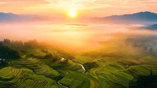 梯田云海田园乡村农业自然日出云雾梦幻风景