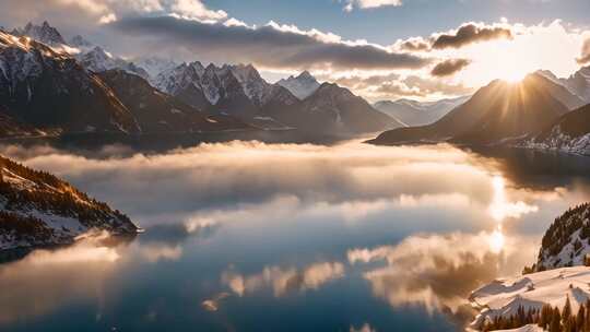 雪山湖泊日出全景