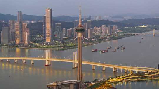 澳门半岛新葡京澳门塔CBD日出夜景高空航拍