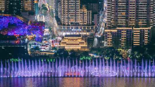 柳州江上喷泉与五星街人群延时摄影视频素材模板下载