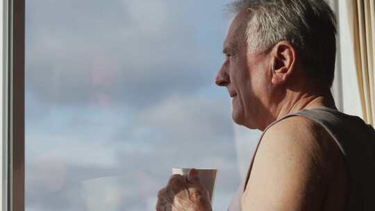 老人窗边手持杯子望向窗外