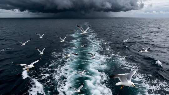 海面上飞翔的海鸥与船尾浪花