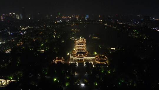 航拍济南大明湖景区夜景