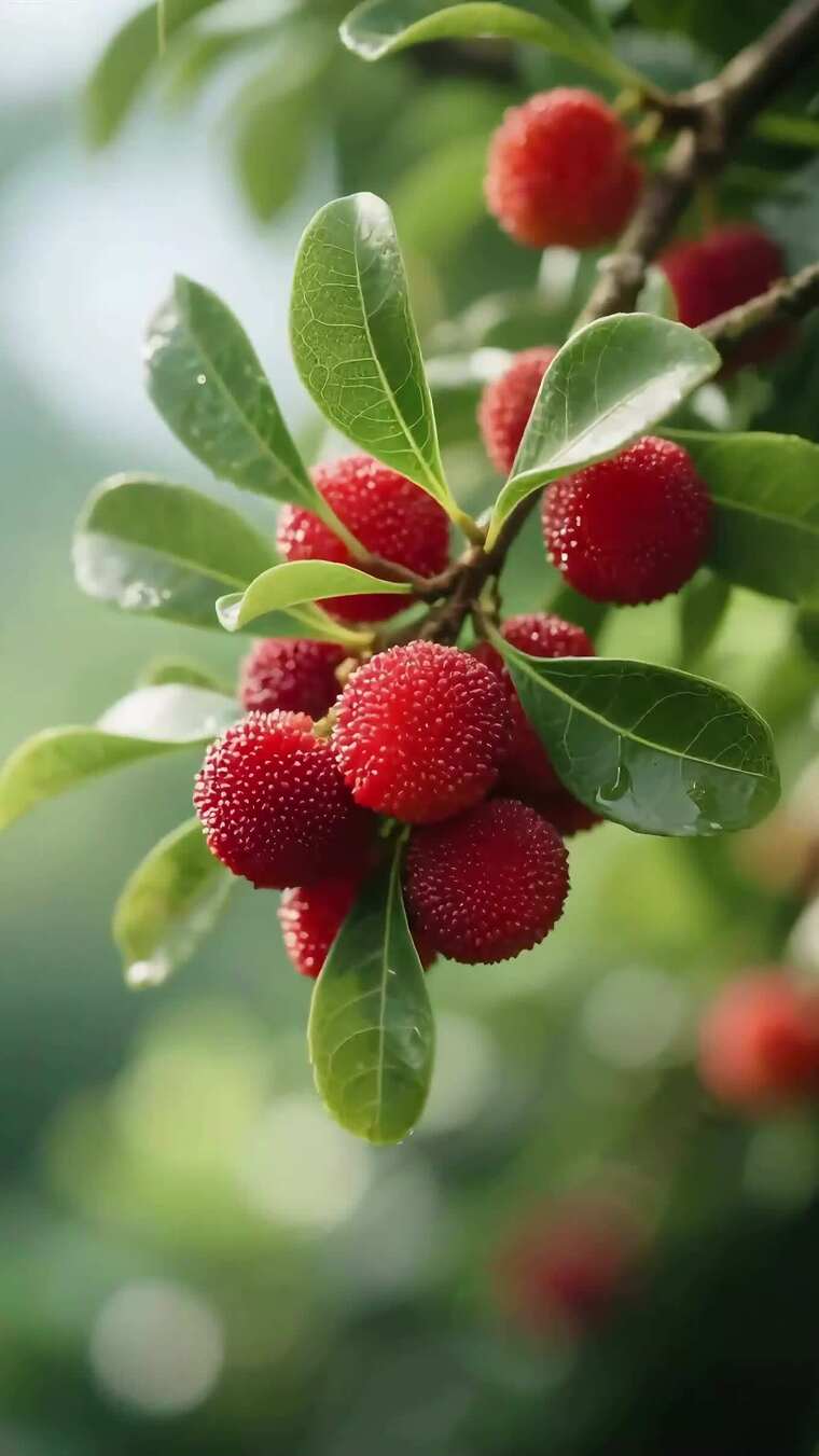 枝头新鲜杨梅特写