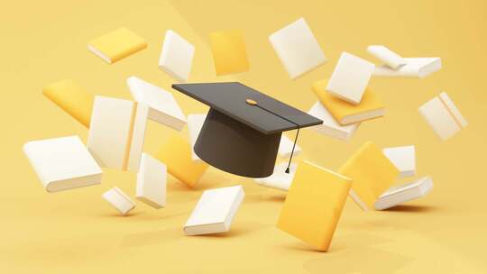 毕业帽与白色的书本漂浮视频素材模板下载