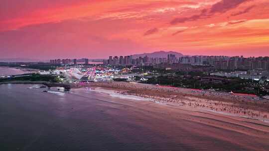 青岛金沙滩火烧云晚霞夜景