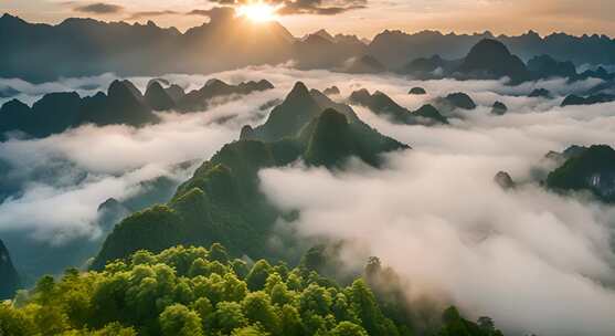 桂林山水合集山峰云海群山云雾缭绕自然风景