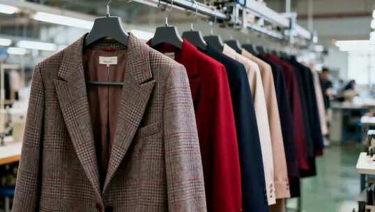 制衣厂内挂放的多件服装
