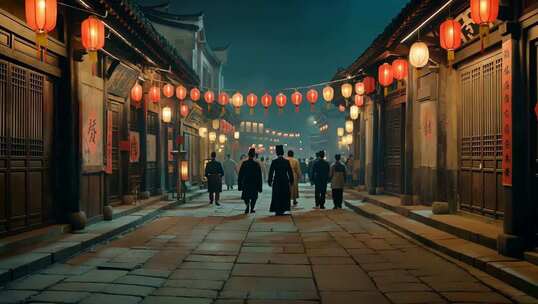 古街挂灯笼行人漫步