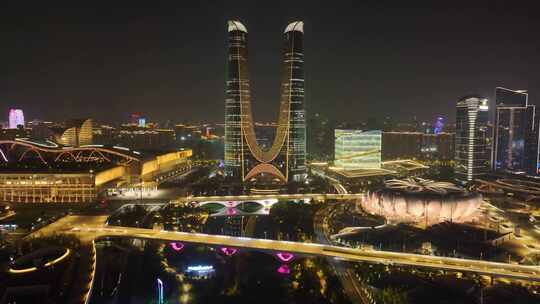 杭州奥体中心杭州之门夜晚夜景航拍亚运会体视频素材模板下载