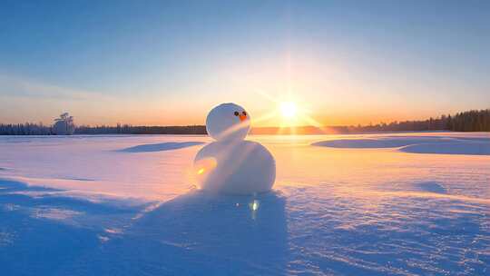 冬日暖阳下的雪人堆雪人雪地雪景冬季冬天