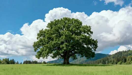草原上的大树与蓝天白云风景