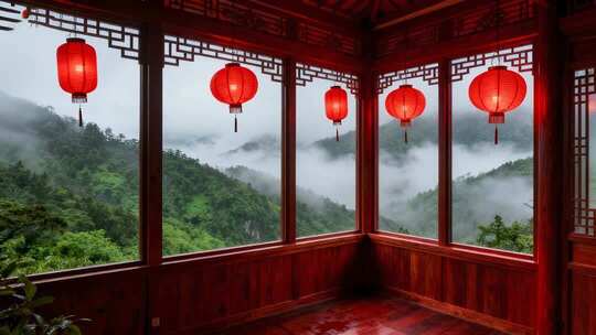 中式阁楼雨后云海仙境唯美意境场景