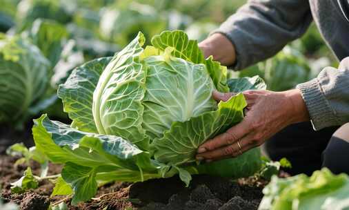 人手采摘农田里的大白菜