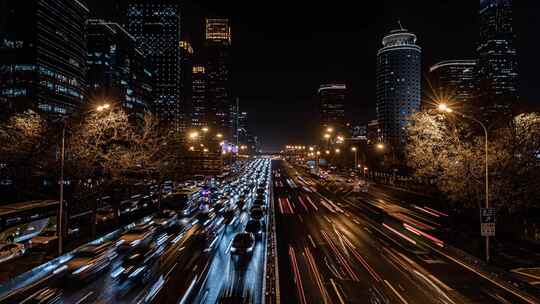 北京国贸CBD夜景车流延时