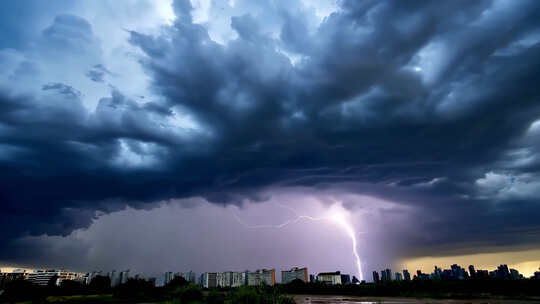 城市上空雷暴闪电景观