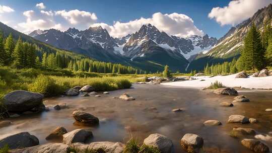 山间溪流与雪山森林美景