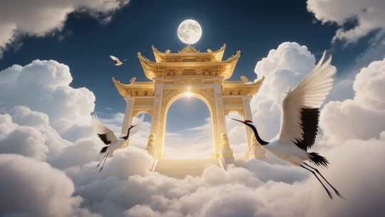 云端中式牌坊与飞鹤景观