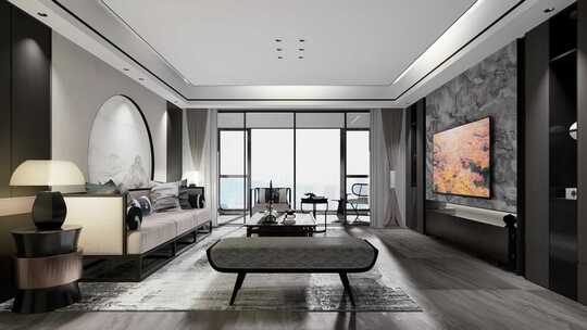 高端样板房室内客厅新中式设计