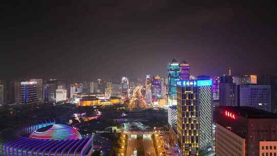 西宁海湖新区海湖广场西宁CBD夜景航拍