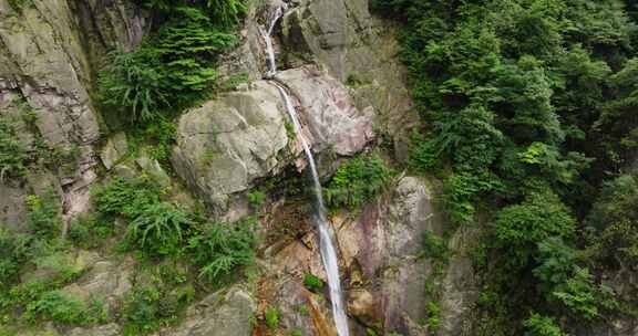 航拍都江堰龙池自然保护区瀑布山林风景