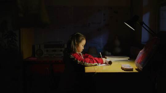 小女孩写作业突然断电又来电灯亮起