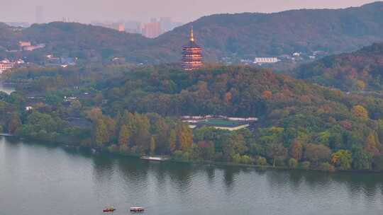 唯美杭州西湖雷峰塔景区大自然风光群山航拍视频素材模板下载