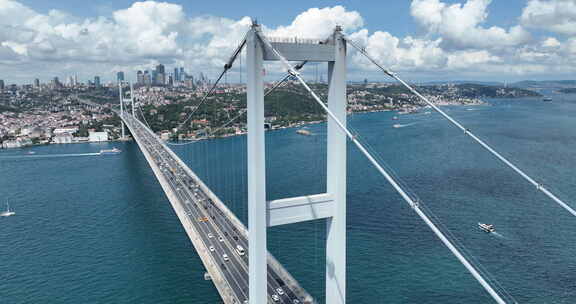 伊斯坦布尔博斯普鲁斯海峡大桥和城市天际线背景与土耳其国旗在美丽的日落