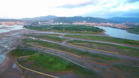 航拍闽江小岛果园茉莉花田沙洲湿地河汊白鹭