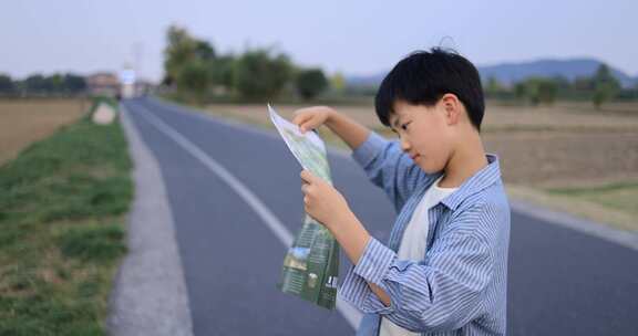 中国小男孩在户外看地图慢镜