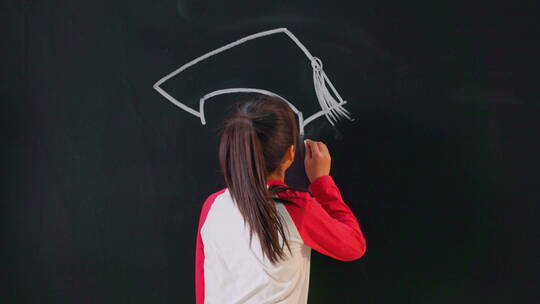 小学生在黑板上画博士帽