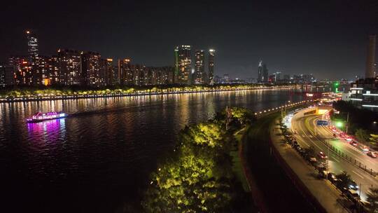 珠江夜景下降航拍镜头