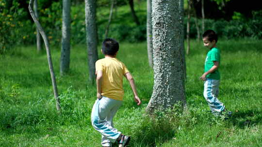 两个小孩在树林里追逐打闹 快乐的童年