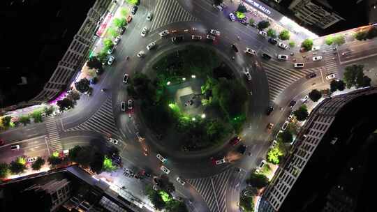 广东云浮城市圆形交通转盘夜景航拍