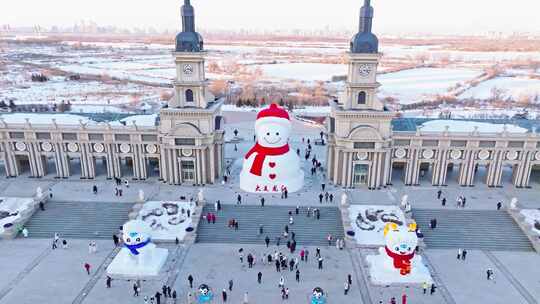 中国黑龙江哈尔滨音乐长廊网红大雪人航拍