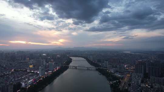 江西赣州城市晚霞夕阳西下夜幕降临航拍