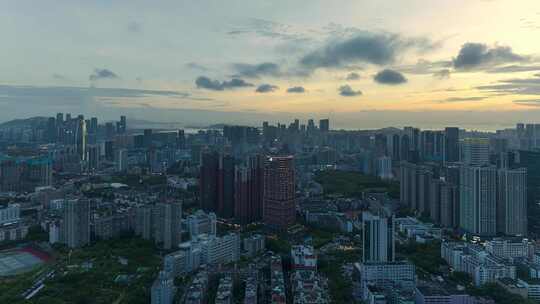 航拍黄昏时刻深圳前海和宝安全景延时宣传片