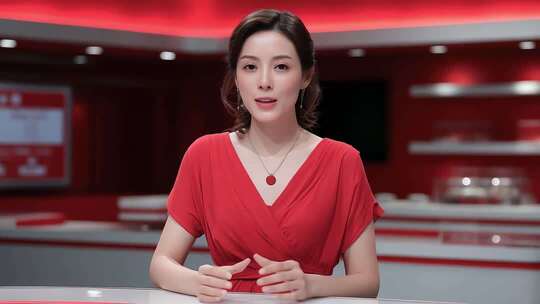 新闻播报员在红色演播室传递重要信息