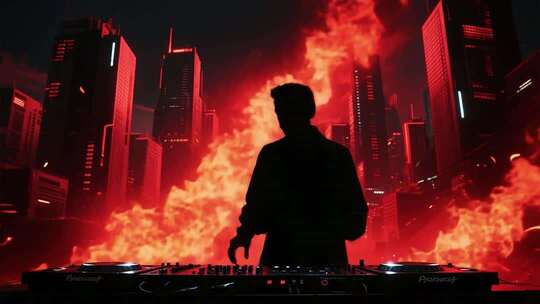 DJ在城市夜景前操控设备