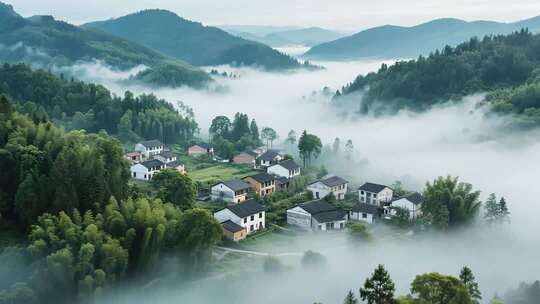 山间云雾环绕的村庄风光