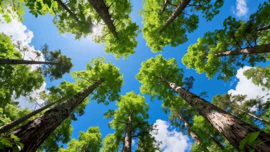 仰望参天大树绿冠阳光穿透树林仰拍