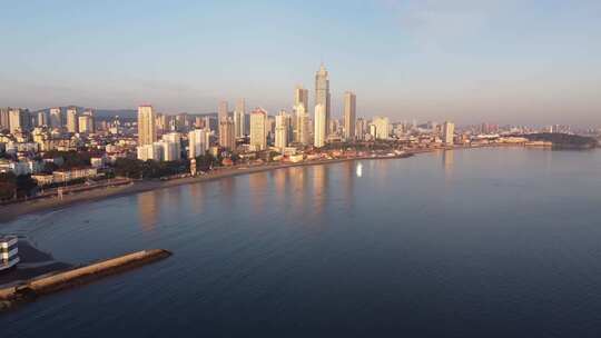 航拍山东烟台海岸线日出沿海风景