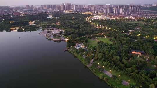 眉山远景楼和东坡城市湿地公园夜景航拍